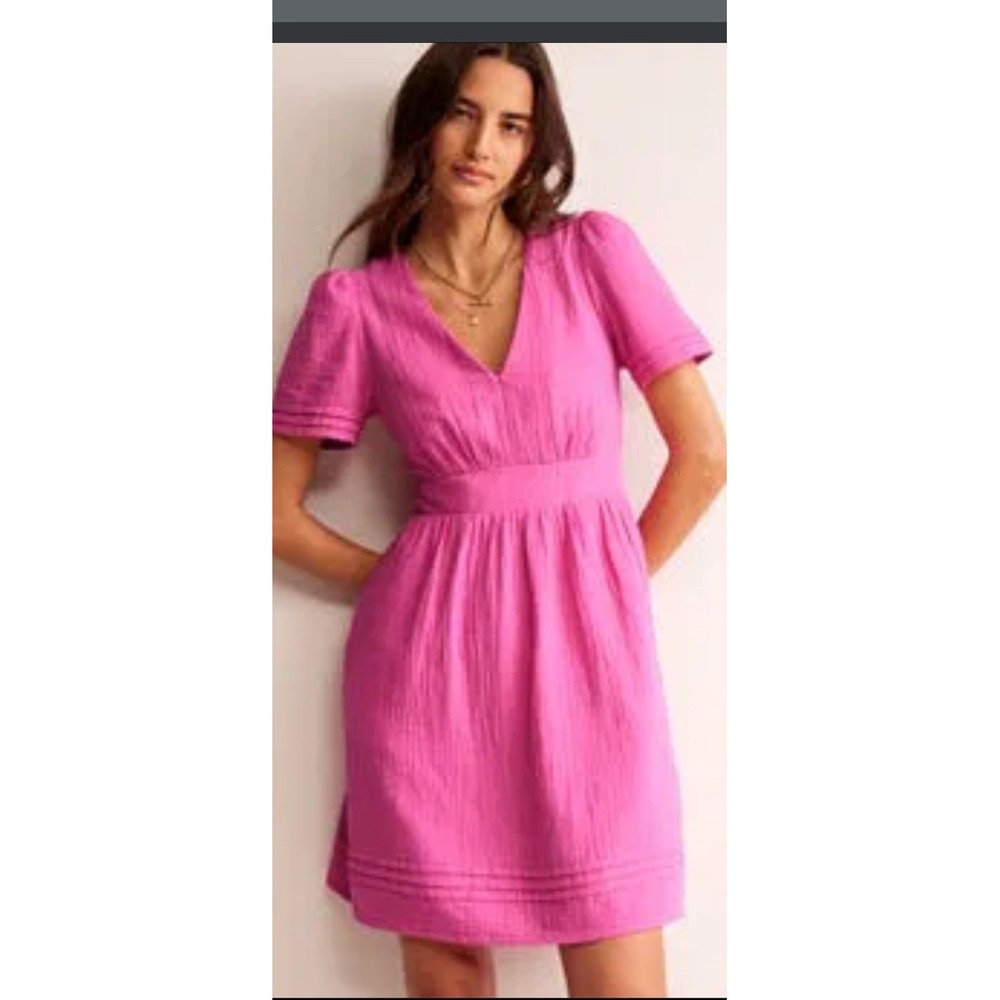 Boden Eve Double Cloth Short Dress US 8 Pink Cotton Gauze V Neck Preppy Summer